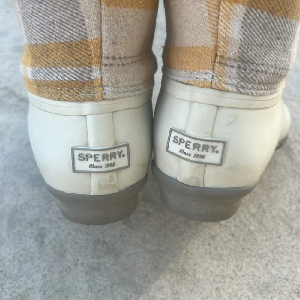 Sperry Ivory/Orange Wool Plaid Rubber Duck Boots Women's Size 8